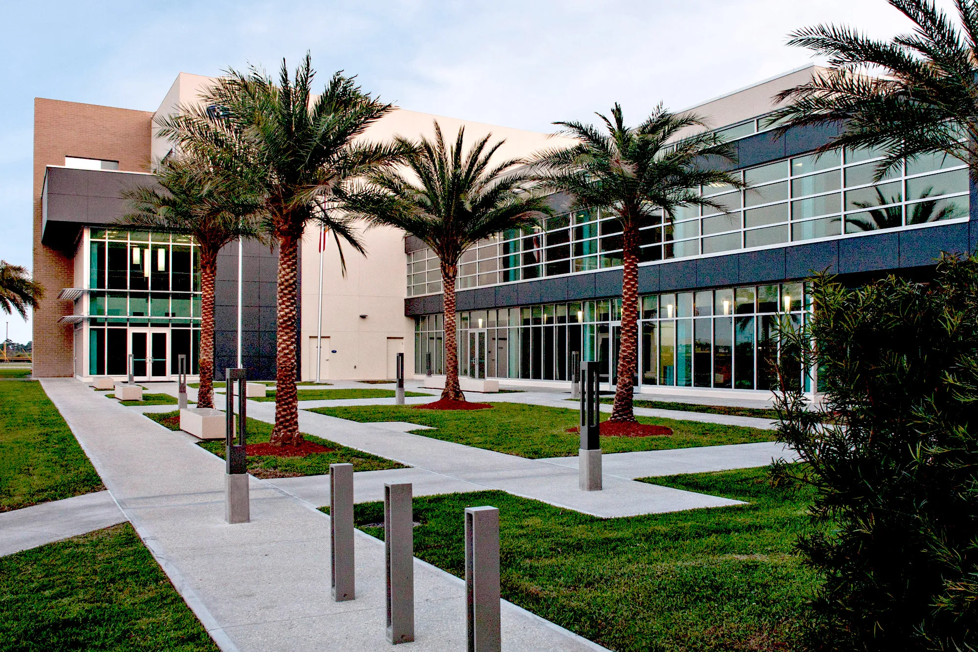 A modern two-story campus building with a glass curtain-wall facade, framed by a row of tall palm trees